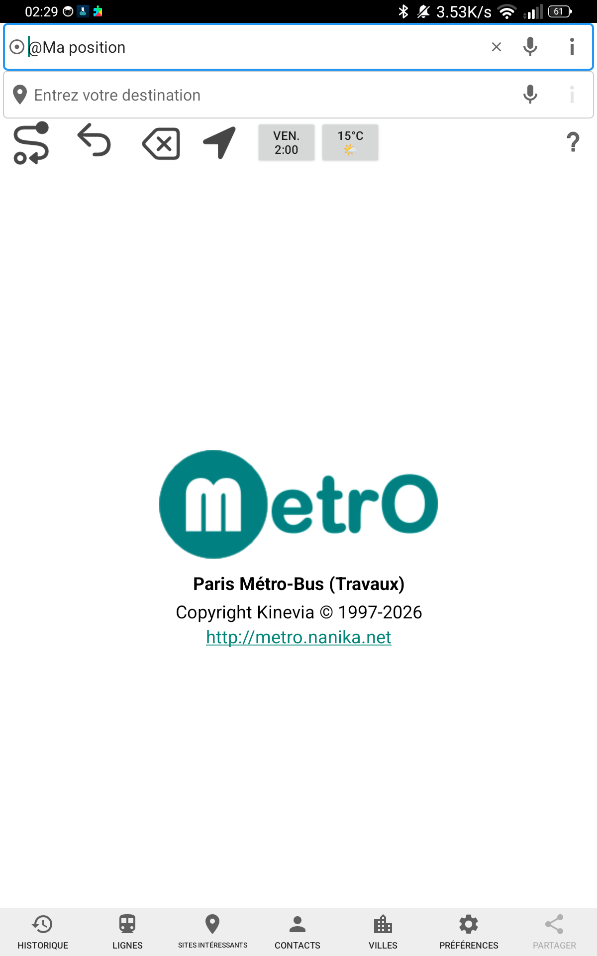Écran principal MetrO Android
