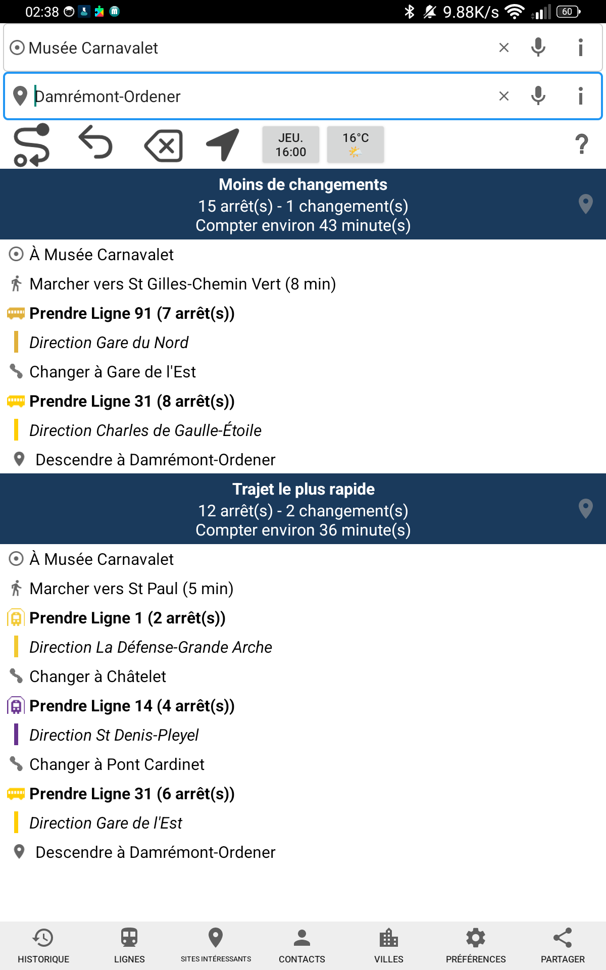 Résultats d'itinéraire