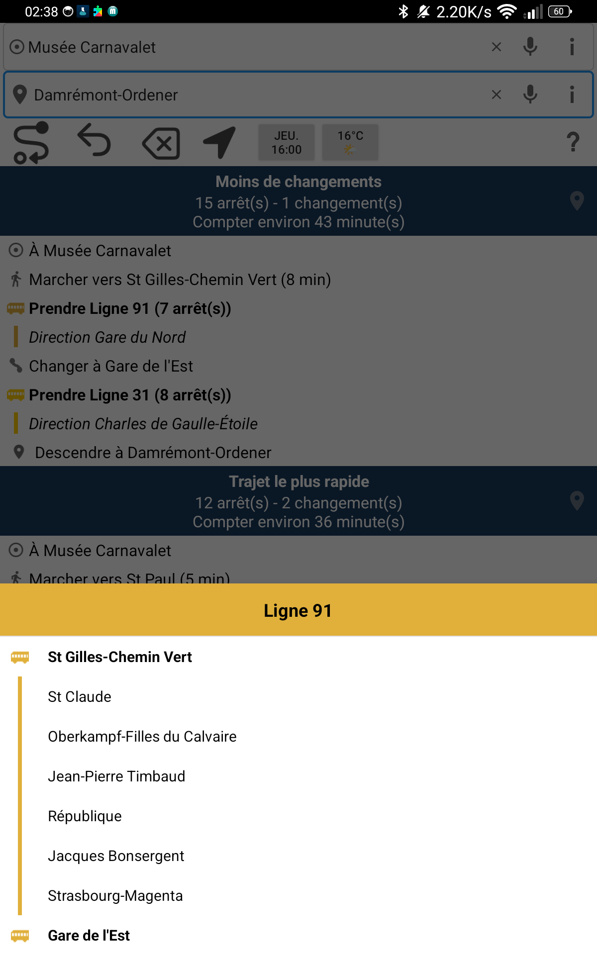 Liste des arrêts d'un segment