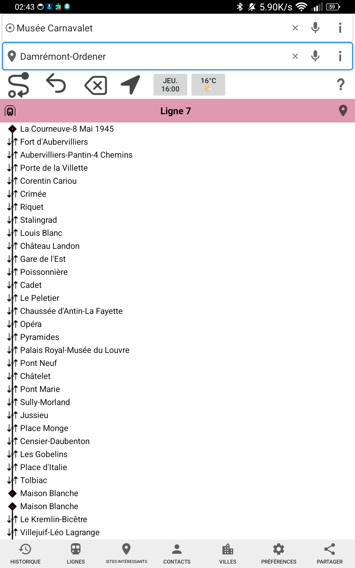 Liste des arrêts d'une ligne